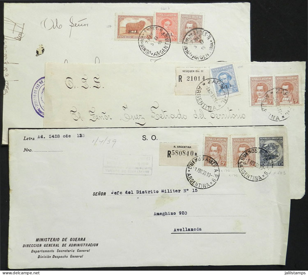 ARGENTINA: 3 Fronts Of Registered Covers Used In 1938/9 With MIXED POSTAGES Combining Official Stamps + Definitive Stamp - Autres & Non Classés