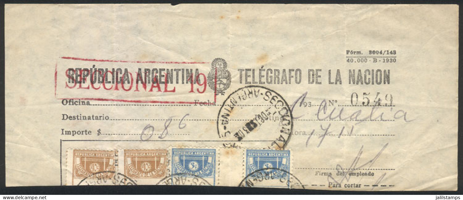 ARGENTINA: Receipt For A Telegram Sent In OC/1930 With The Labels Corresponding To The Receipt Of The Stamps GJK.16 And  - Autres & Non Classés