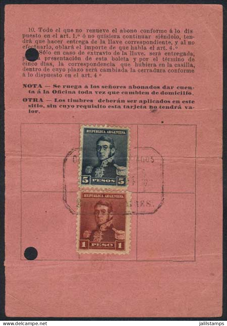 ARGENTINA: Second Page Of A PO Box Payment Card (abono) Franked With $6 (GJ.148+151) With Cancellation Of 1894, VF, Rare - Andere & Zonder Classificatie