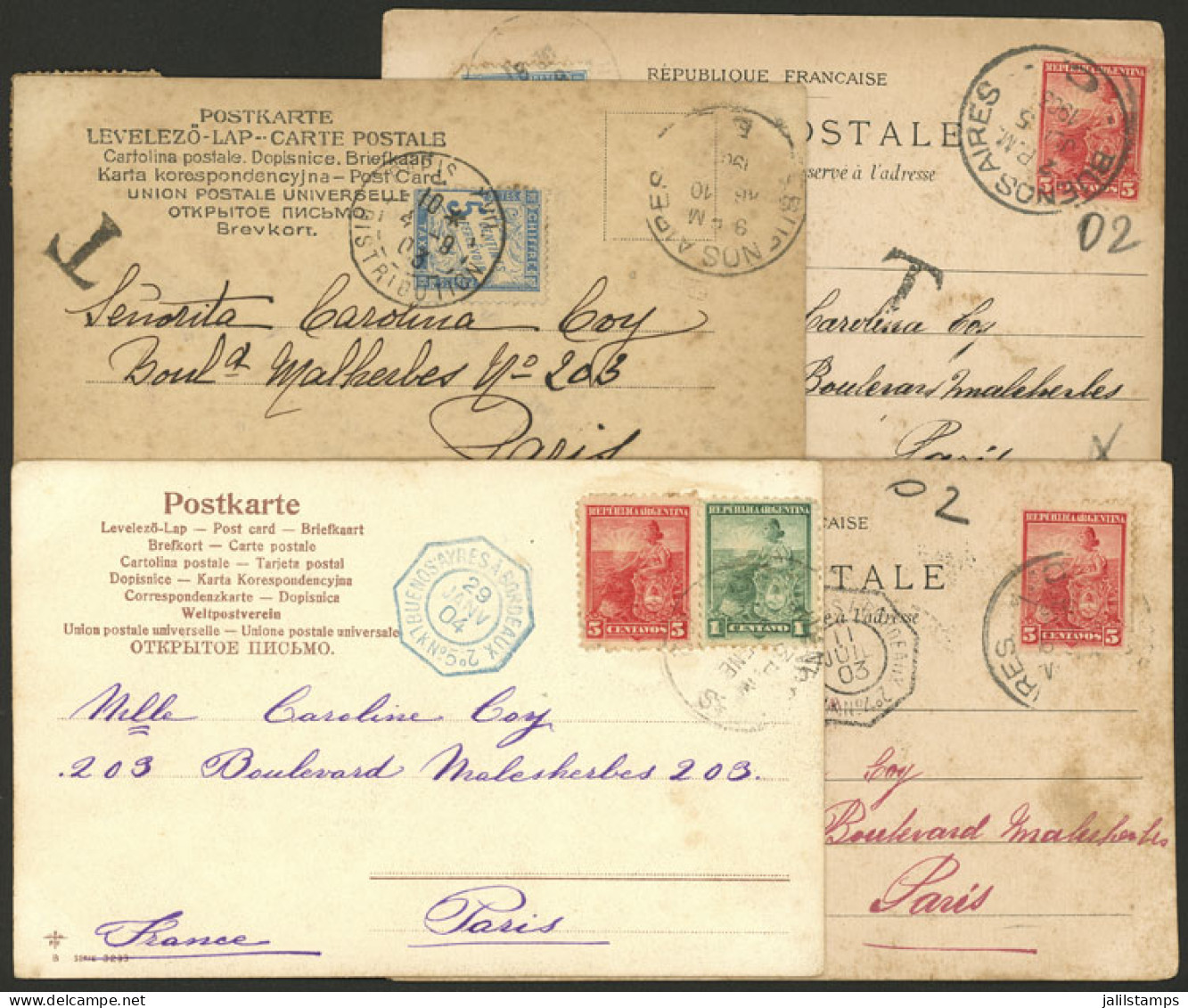 ARGENTINA: 4 Postcards Sent To Paris In 1903/4, 2 With Octagonal Marks Of French Paquebot, And 3 With French Postage Due - Sonstige & Ohne Zuordnung
