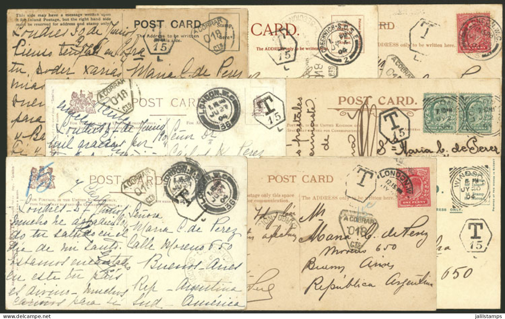 ARGENTINA: 8 Postcards Sent From Great Britain To Argentina In 1904, All With Insufficient Postage And Due Marks, Attrac - Other & Unclassified