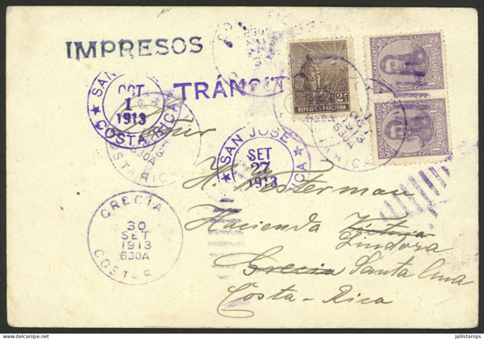 ARGENTINA: UNUSUAL JOURNEY: Card Sent From Buenos Aires To Costa Rica With Rate For Printed Matter 3c. (combining Pair O - Andere & Zonder Classificatie