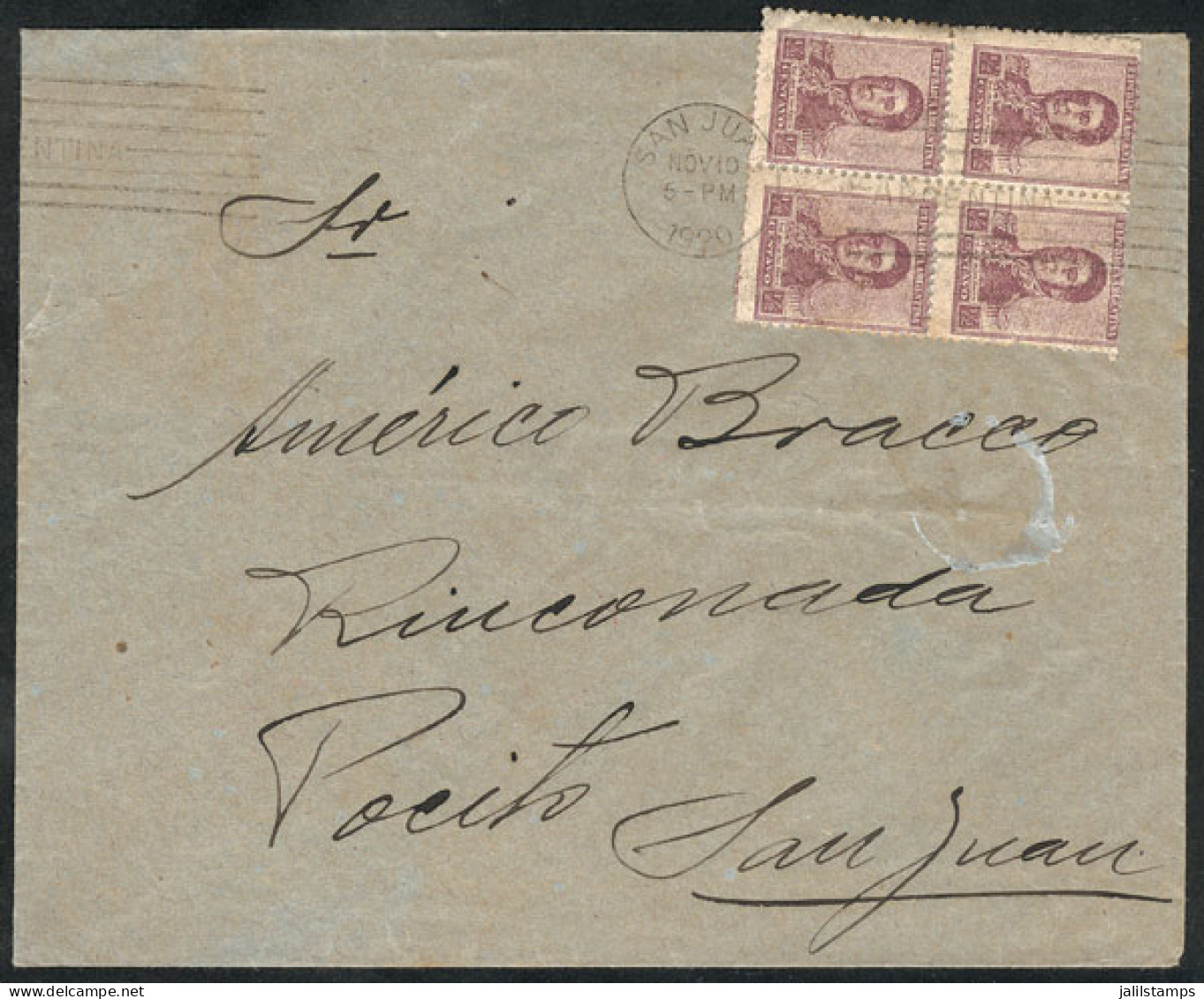 ARGENTINA: Cover Used In San Juan On 10/NO/1920, With Postage For Printed Matter Of 2c. (block Of 4 Of ½c. San Martín Un - Other & Unclassified