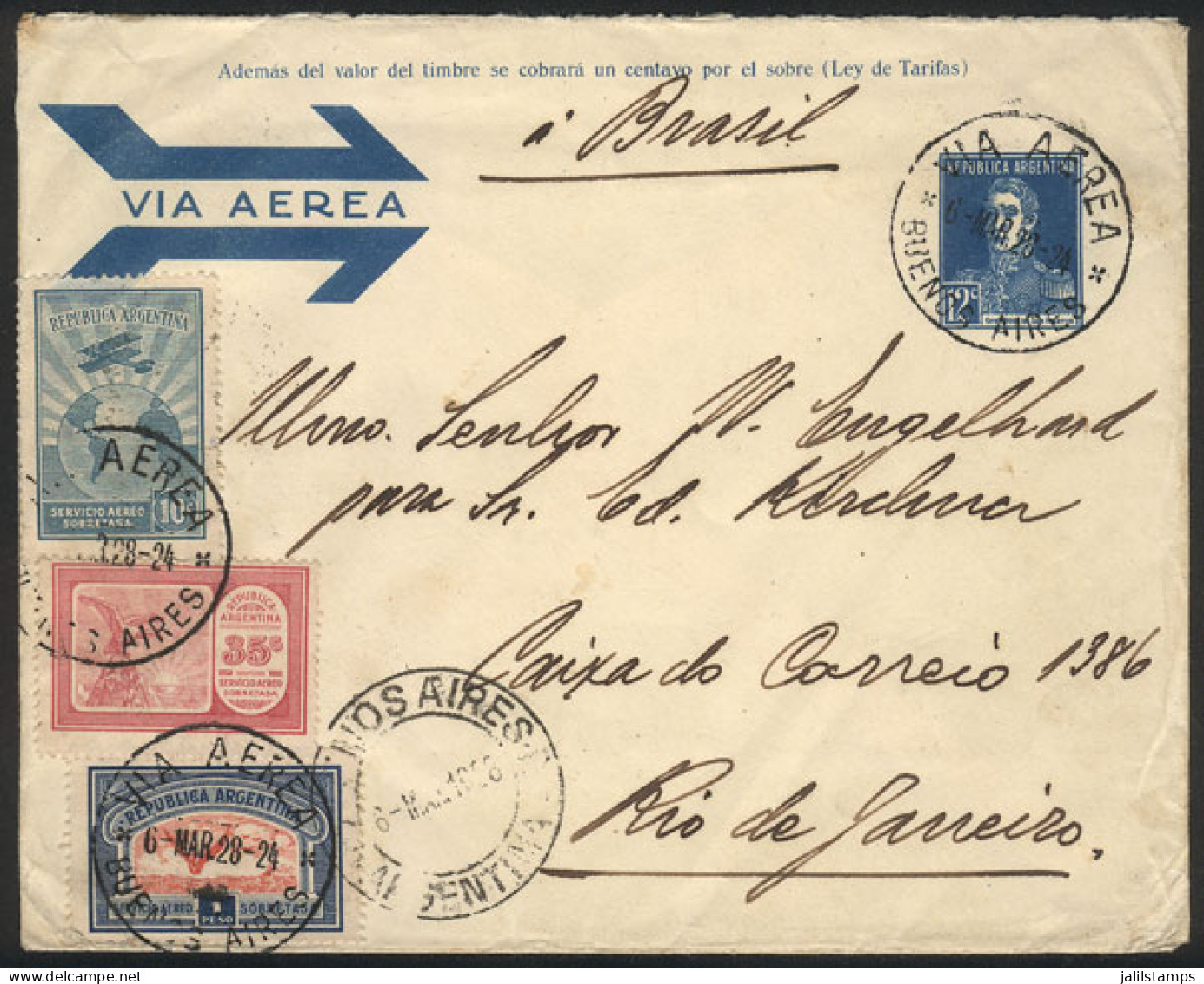 ARGENTINA: 6/MAR/1928 Buenos Aires - Rio De Janeiro, Airmail 12c. Stationery Envelope + Additional Postage (total 1.57P. - Altri & Non Classificati