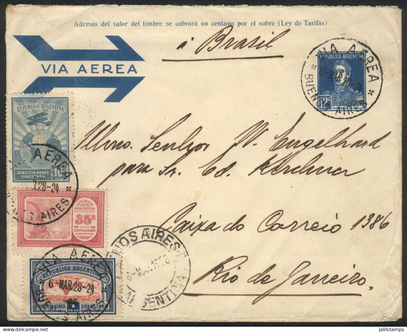 ARGENTINA: 6/MAR/1928 Buenos Aires - Rio De Janeiro, Airmail 12c. Stationery Envelope + Additional Postage (total 1.57P. - Otros & Sin Clasificación