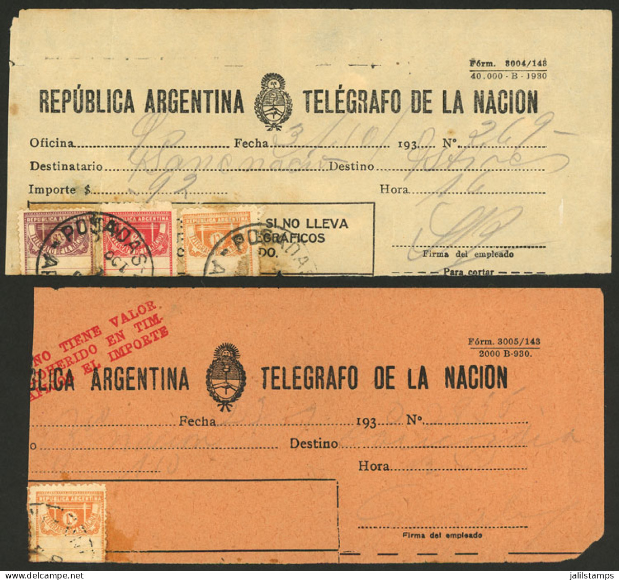 ARGENTINA: 2 Receipts For Telegraphs Sent In 1930, Both Franked With Telegraph Stamps, Rare! - Andere & Zonder Classificatie