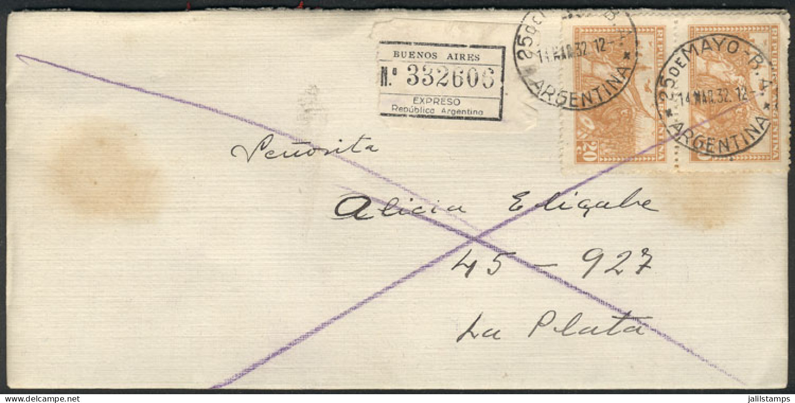 ARGENTINA: EXPRESS Cover Sent From 25 De Mayo To La Plata On 14/MAR/1932, Franked With Pair Of 20c. Revolution, VF And R - Other & Unclassified