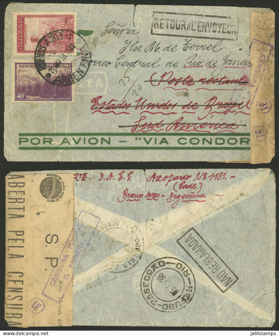 ARGENTINA: 21/MAR/1938 Buenos Aires - Brazil - Buenos Aires, Airmail Cover Franked With 65c., Sent To "Poste Restante" I - Autres & Non Classés