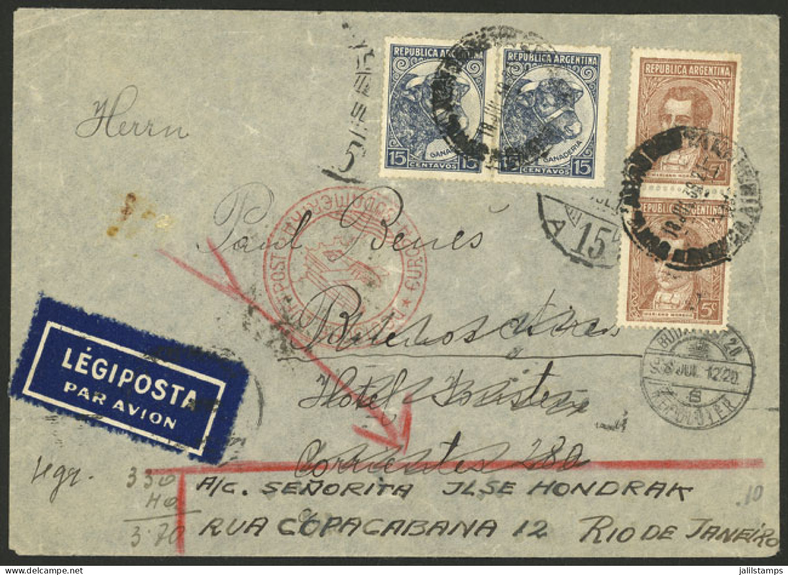 ARGENTINA: COVER FORWARDED WITH NEW POSTAGE: Airmail Cover Sent From HUNGARY To Buenos Aires On 12/JUL/1938 Via Germany  - Autres & Non Classés