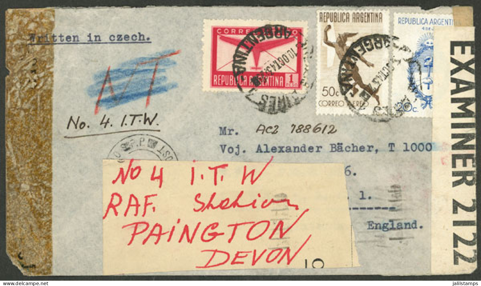 ARGENTINA: 10/OC/1943 Buenos Aires - England, Airmail Cover Franked With 1.70P Sent To A Czech Pilot (inmigrant In Argen - Andere & Zonder Classificatie