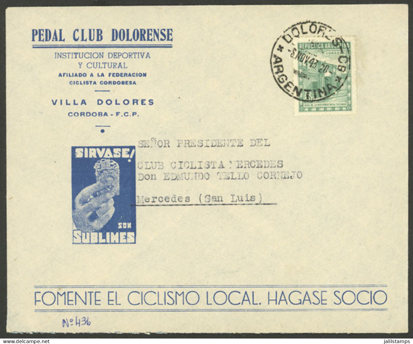 ARGENTINA: UTTER CONTRADICTION: Cover With Cachet Of "Pedal Club Dolorense" (cycling Club, Who Were Obviously Sportmen A - Altri & Non Classificati