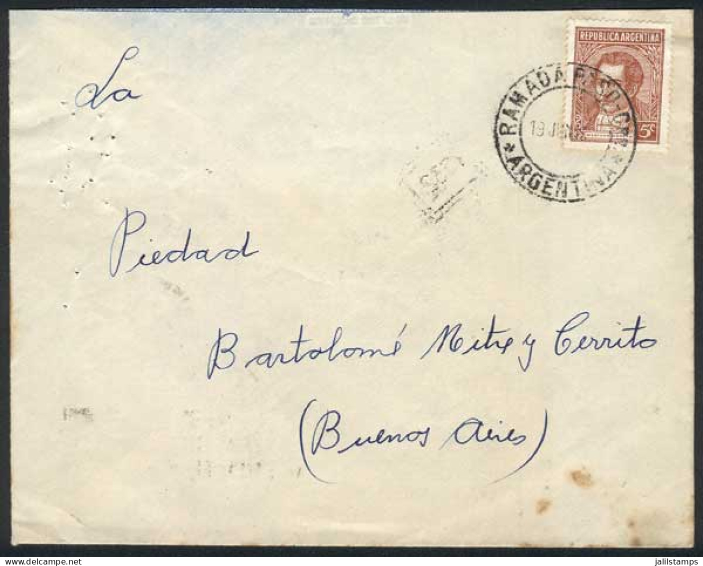 ARGENTINA: Cover Franked By GJ.800, Sent To Buenos Aires On 19/JUN/1945, With Rare Cancel Of RAMADA PASO (Corrientes), V - Autres & Non Classés