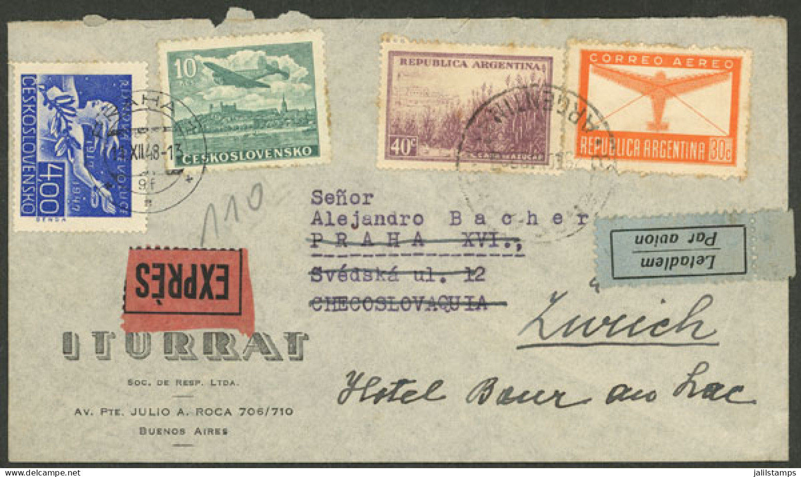 ARGENTINA: MIXED POSTAGE: 29/NO/1948 Buenos Aires - Czechoslovakia - Switzerland, Express Airmail Cover Sent From Buenos - Andere & Zonder Classificatie