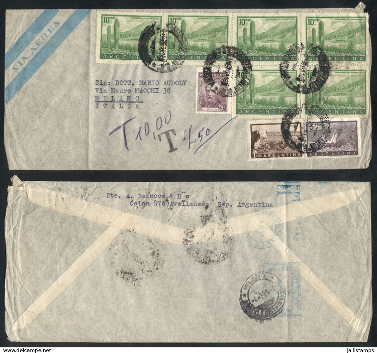 ARGENTINA: Airmail Cover Sent To Italy On 30/JUN/1959 With High Postage Of 64.20P. (including Block Of 4 + Pair Of 10P.  - Otros & Sin Clasificación