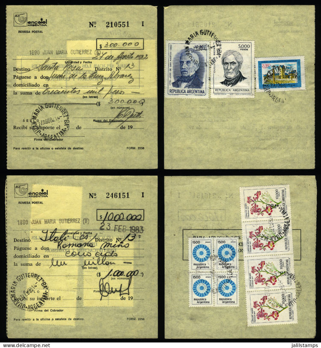 ARGENTINA: 2 Postal Money Orders Of 27/AU/1982 And 23/FE/1983 With Postmark Of "JUAN MARIA GUTIERREZ" (Buenos Aires), Wi - Autres & Non Classés