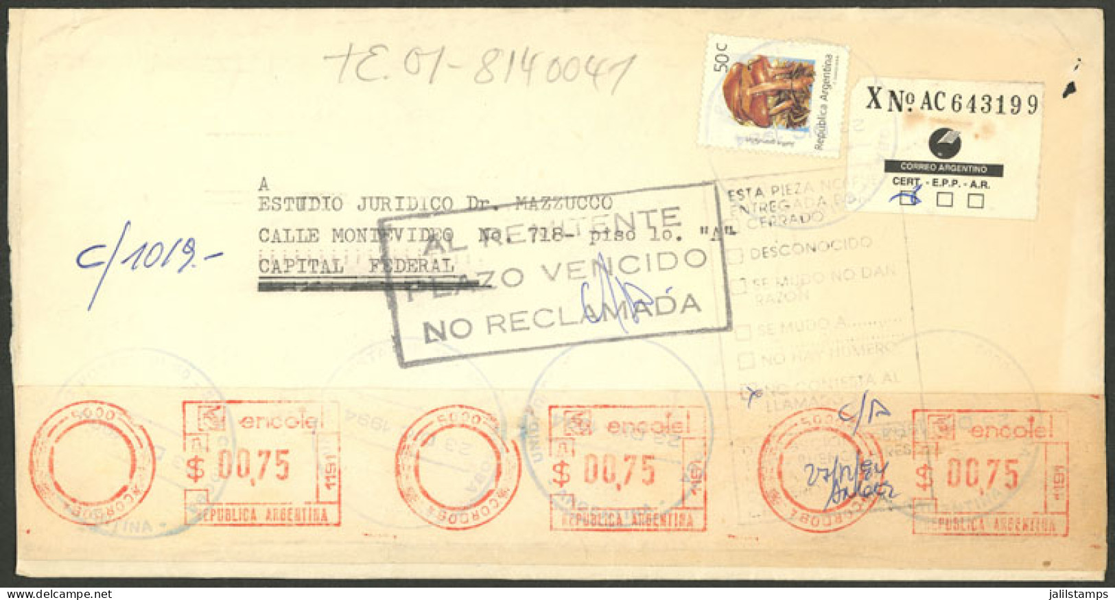 ARGENTINA: UNUSUAL MIXED POSTAGE: Registered Cover Sent From Córdoba To Buenos Aires On 23/DE/1994 Franked With 2.75P. I - Other & Unclassified
