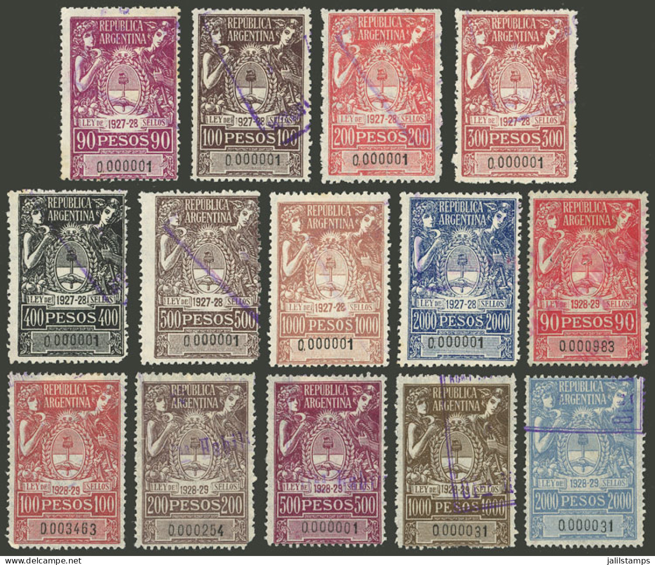 ARGENTINA: LOW NUMBERING: 14 Stamps Of Values Between 90 And 2,000 Pesos, Ley De Sellos Years 1927/8 And 1928/9, All Dif - Otros & Sin Clasificación