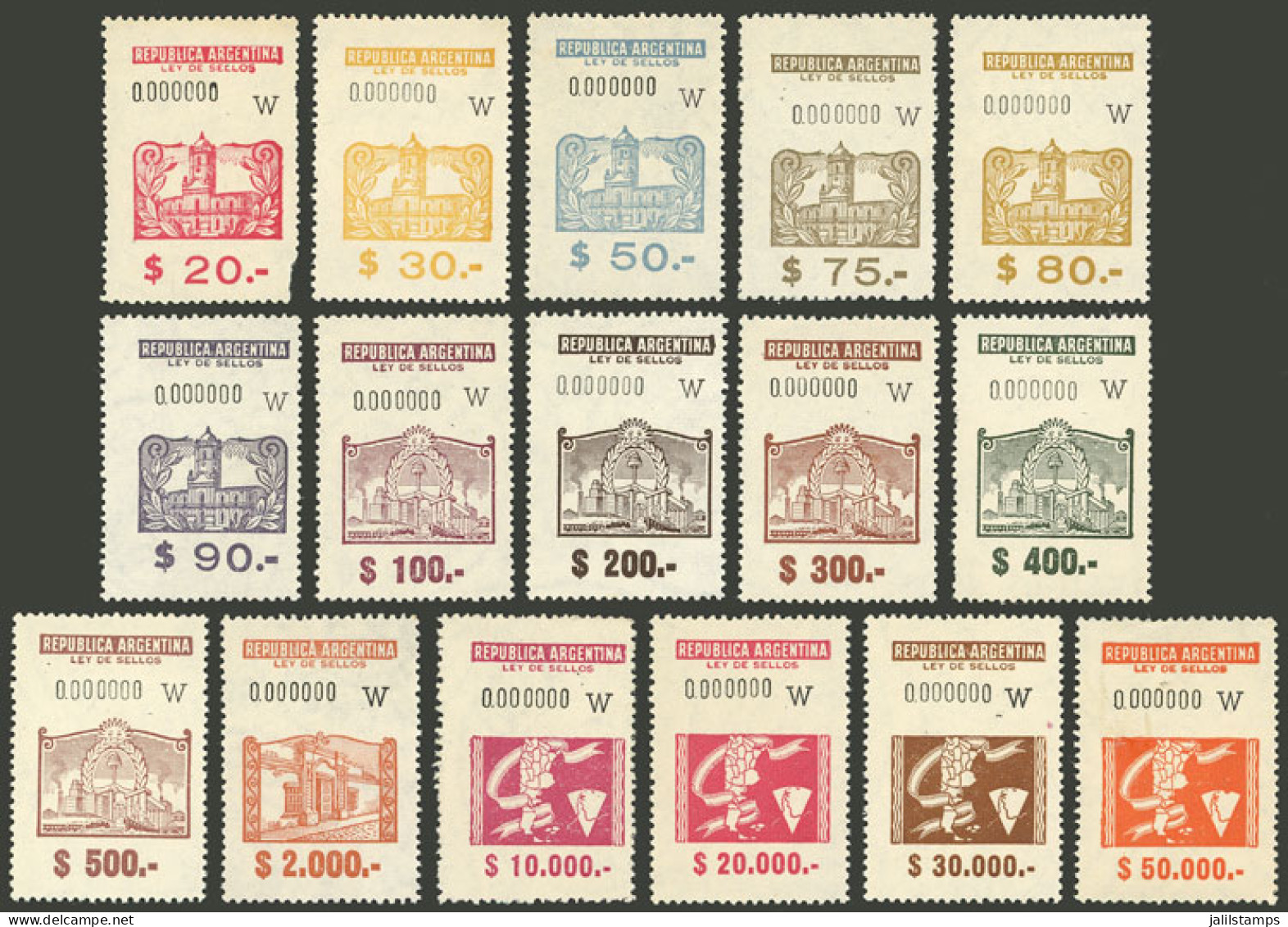 ARGENTINA: SPECIMENS With Numbering "0.000.000", "W" Series, Ley De Sellos, Lot Of 16 Stamps Of Values Between $20 And $ - Autres & Non Classés