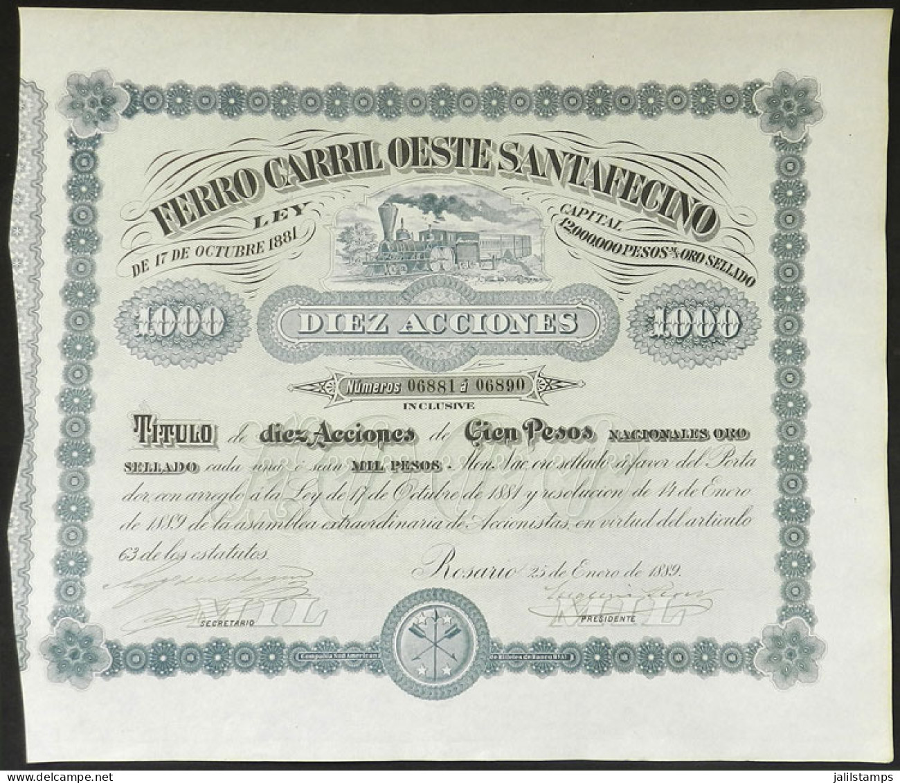 ARGENTINA: Certificate For 10 Shares Of FERRO CARRIL OESTE SANTAFECINO, Dated 1889, Excellent Quality And Very Decorativ - Andere & Zonder Classificatie