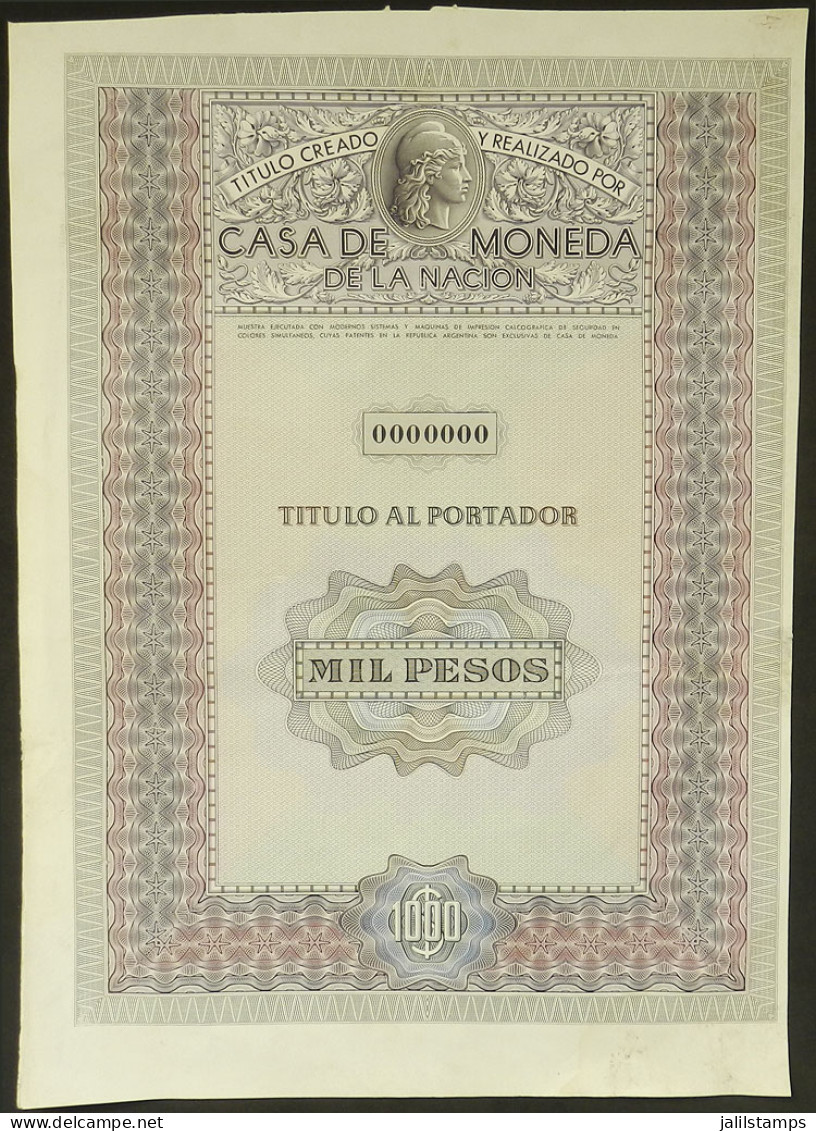 ARGENTINA: PROOF OF A BEARER BOND CERTIFICATE, Printed By Casa De Moneda, For A Value Of 1,000 Pesos, Numbering "0000000 - Autres & Non Classés