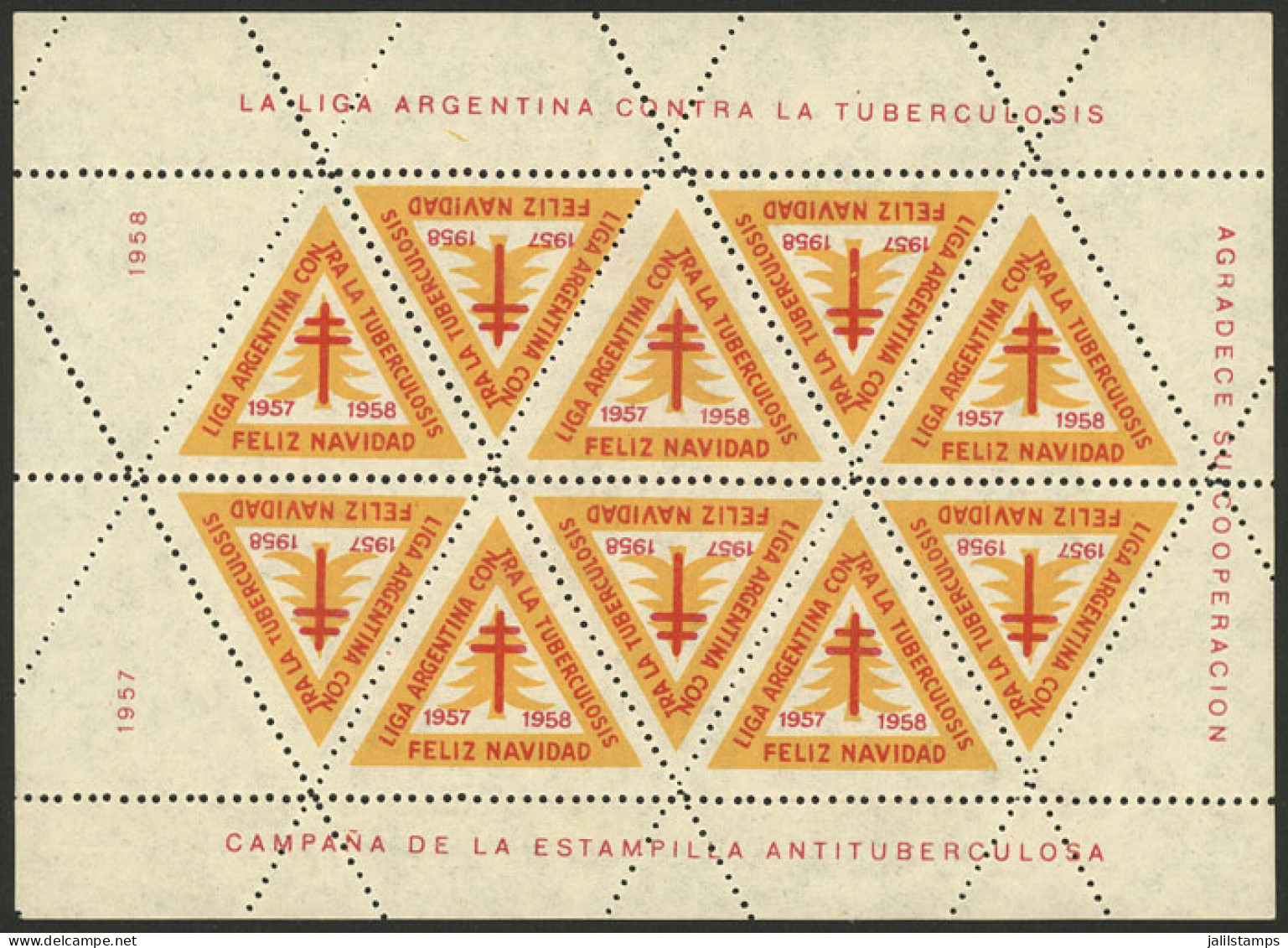 ARGENTINA: Argentine League Of Fight Against Tuberculosis: Charity Cinderella Of Year 1957, Complete Sheet Of 10 Labels, - Erinnofilie