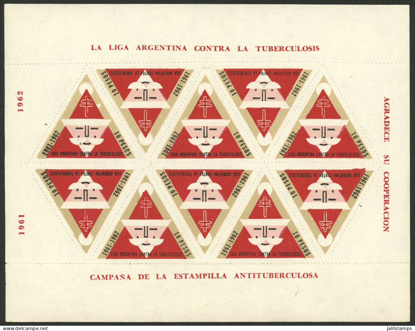 ARGENTINA: Argentine League Of Fight Against Tuberculosis: Charity Cinderella Of 10P. Of Year 1961, Complete Sheet Of 10 - Cinderellas