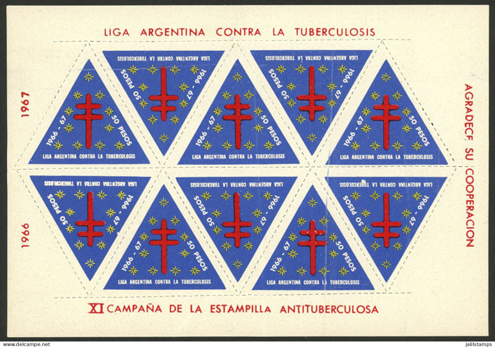 ARGENTINA: Argentine League Of Fight Against Tuberculosis: Charity Cinderella Of 50P. Of Year 1967, Complete Sheet Of 10 - Cinderellas