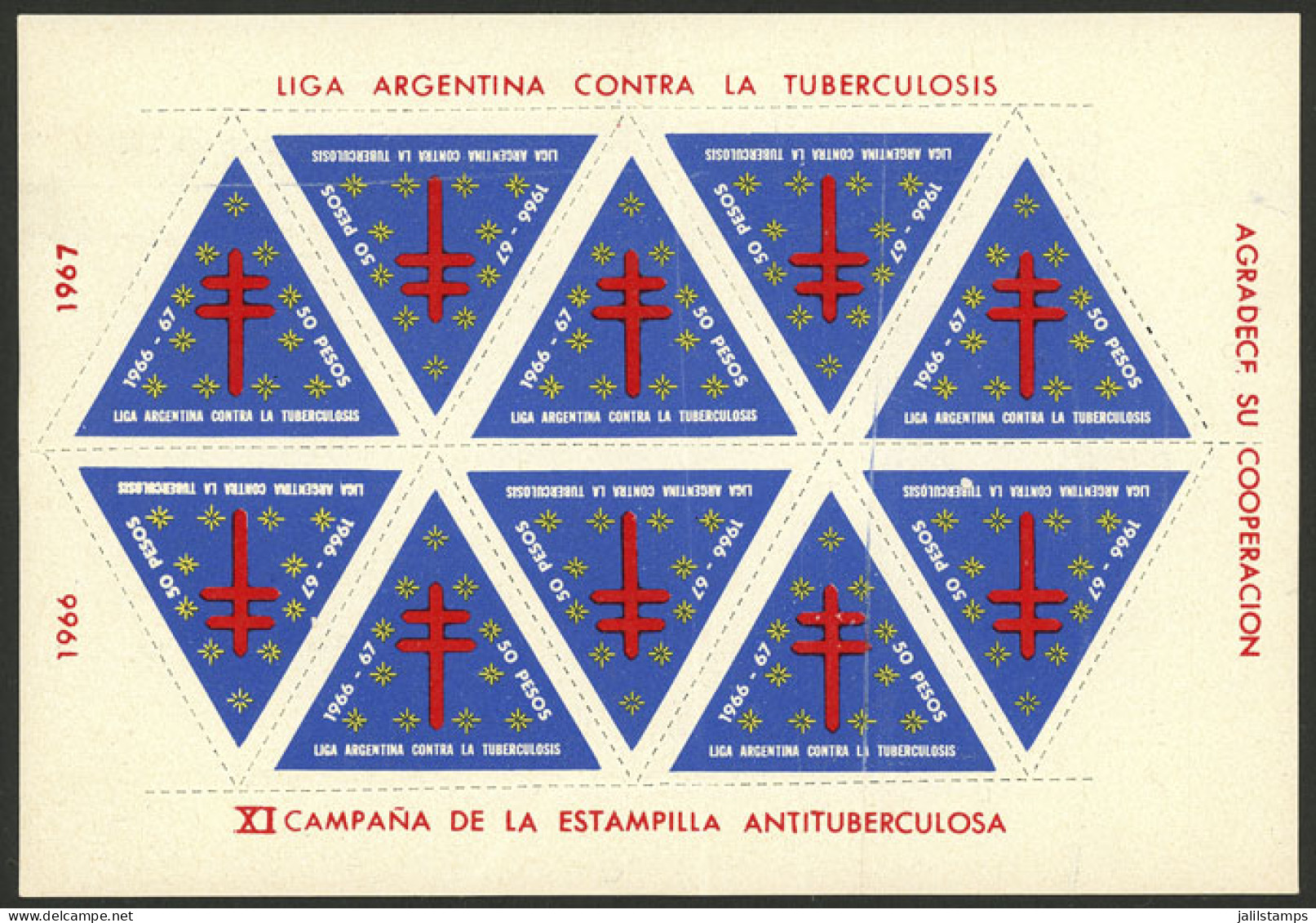 ARGENTINA: Argentine League Of Fight Against Tuberculosis: Charity Cinderella Of 50P. Of Year 1967, Complete Sheet Of 10 - Erinnofilia