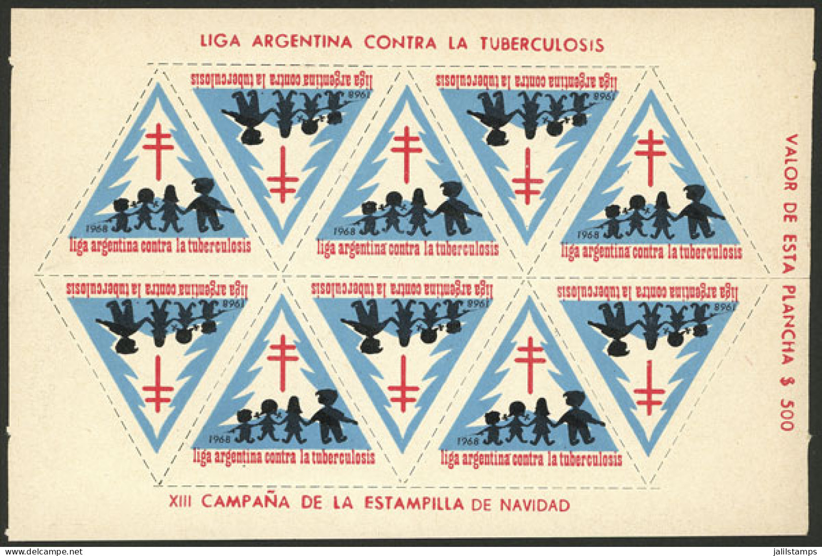 ARGENTINA: Argentine League Of Fight Against Tuberculosis: Charity Cinderella Of Year 1968, Complete Sheet Of 10 Labels  - Erinofilia