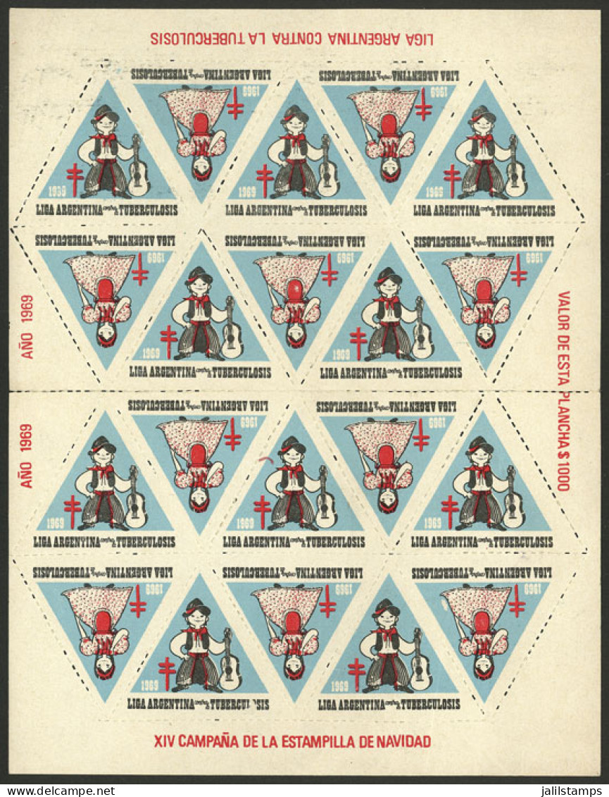 ARGENTINA: Argentine League Of Fight Against Tuberculosis: Charity Cinderella Of Year 1969, Complete Sheet Of 20 Labels, - Vignetten (Erinnophilie)