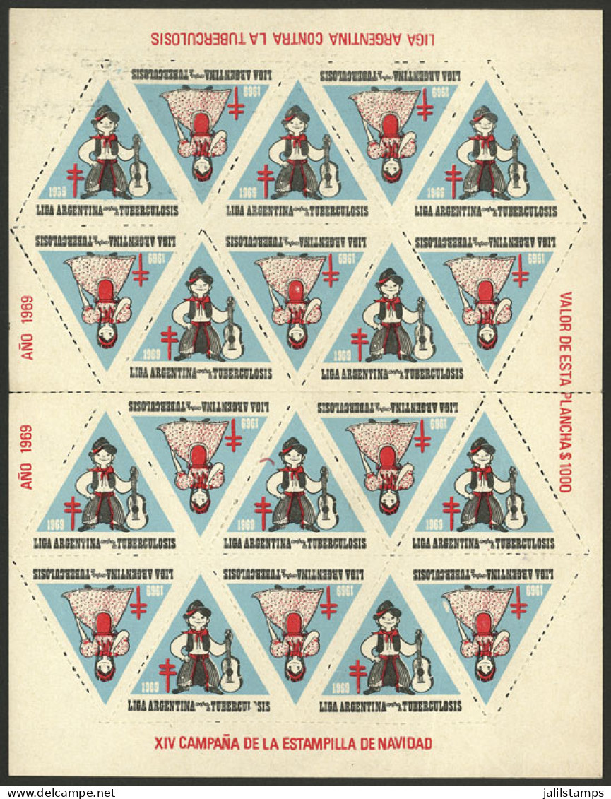 ARGENTINA: Argentine League Of Fight Against Tuberculosis: Charity Cinderella Of Year 1969, Complete Sheet Of 20 Labels, - Cinderellas