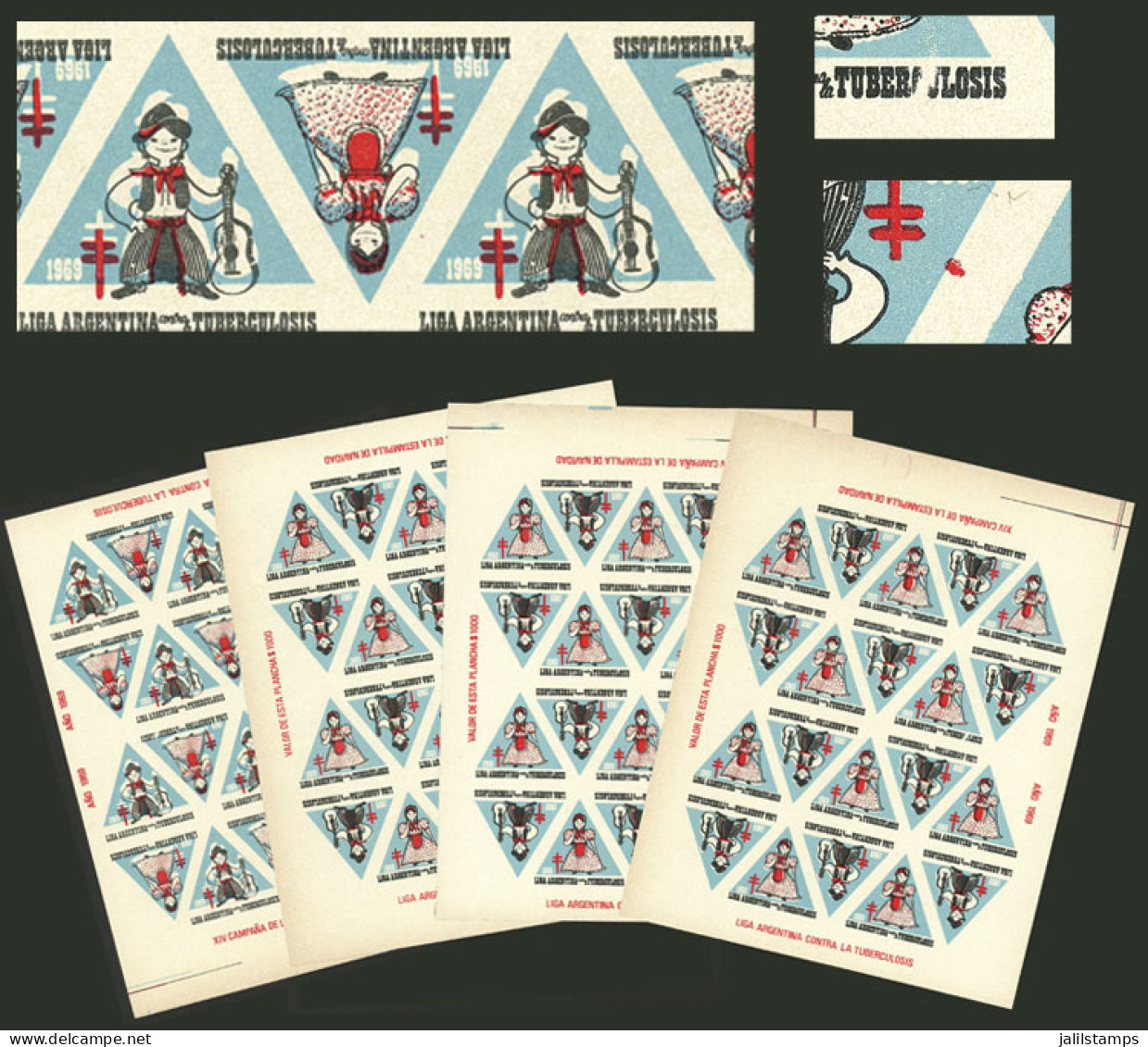 ARGENTINA: Argentine League Of Fight Against Tuberculosis: Charity Cinderella Of Year 1969, Complete Sheet Of 20 Labels, - Erinnophilie