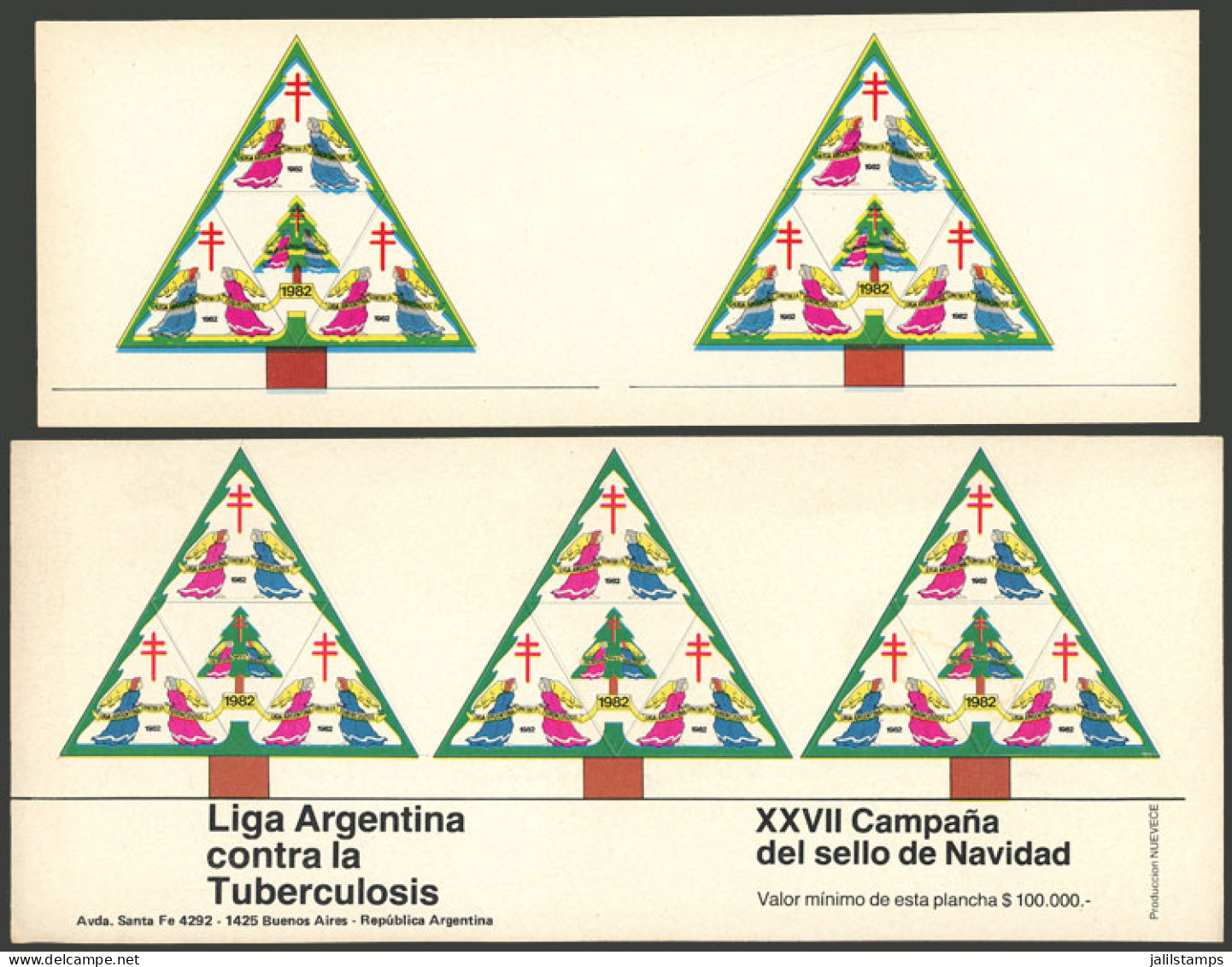 ARGENTINA: Argentine League Of Fight Against Tuberculosis: Year 1982 (Christmas Tree, Angels), Sheet Of 12 Self-adhesive - Erinofilia