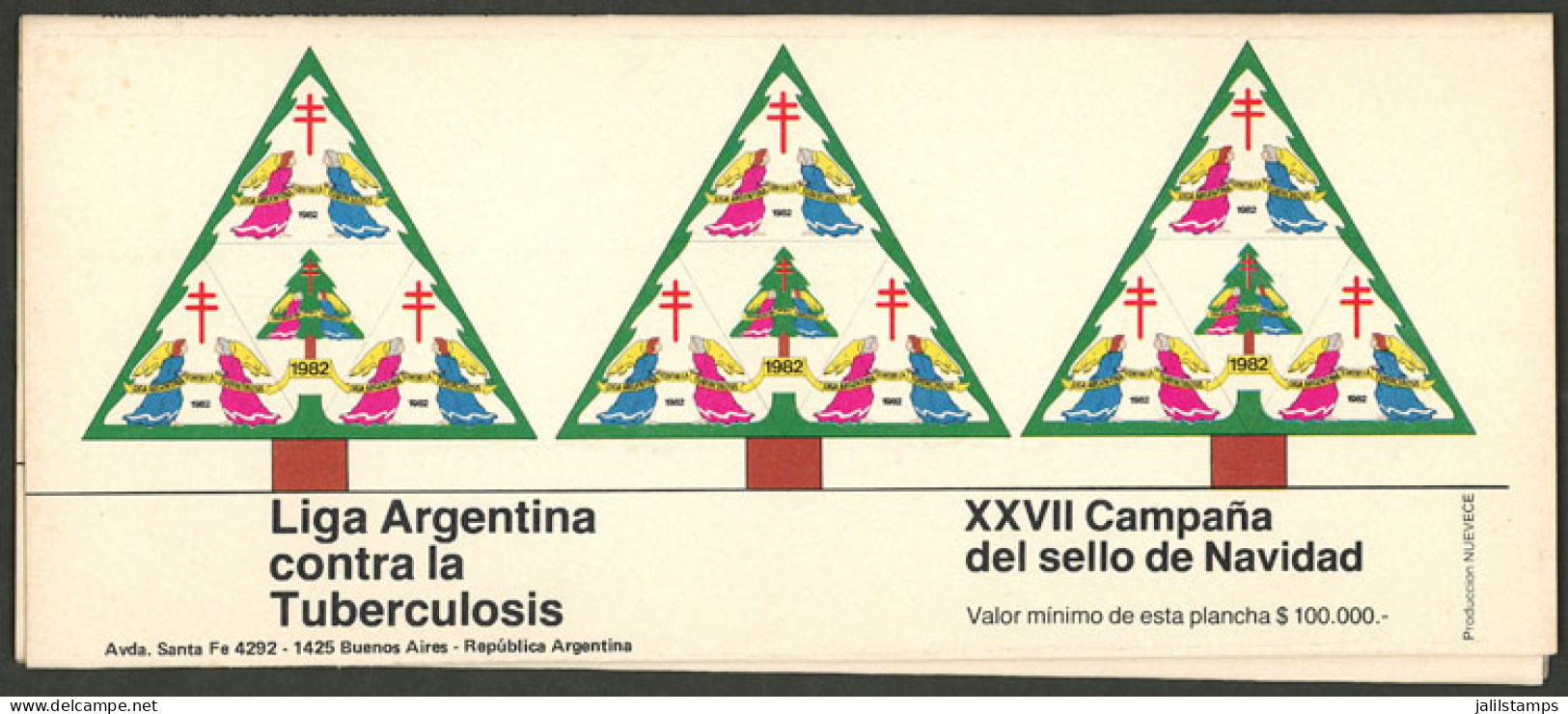 ARGENTINA: PERFORATION PROOF: Argentine League Of Fight Against Tuberculosis: Year 1982 (Christmas Tree, Angels), Large  - Erinnophilie