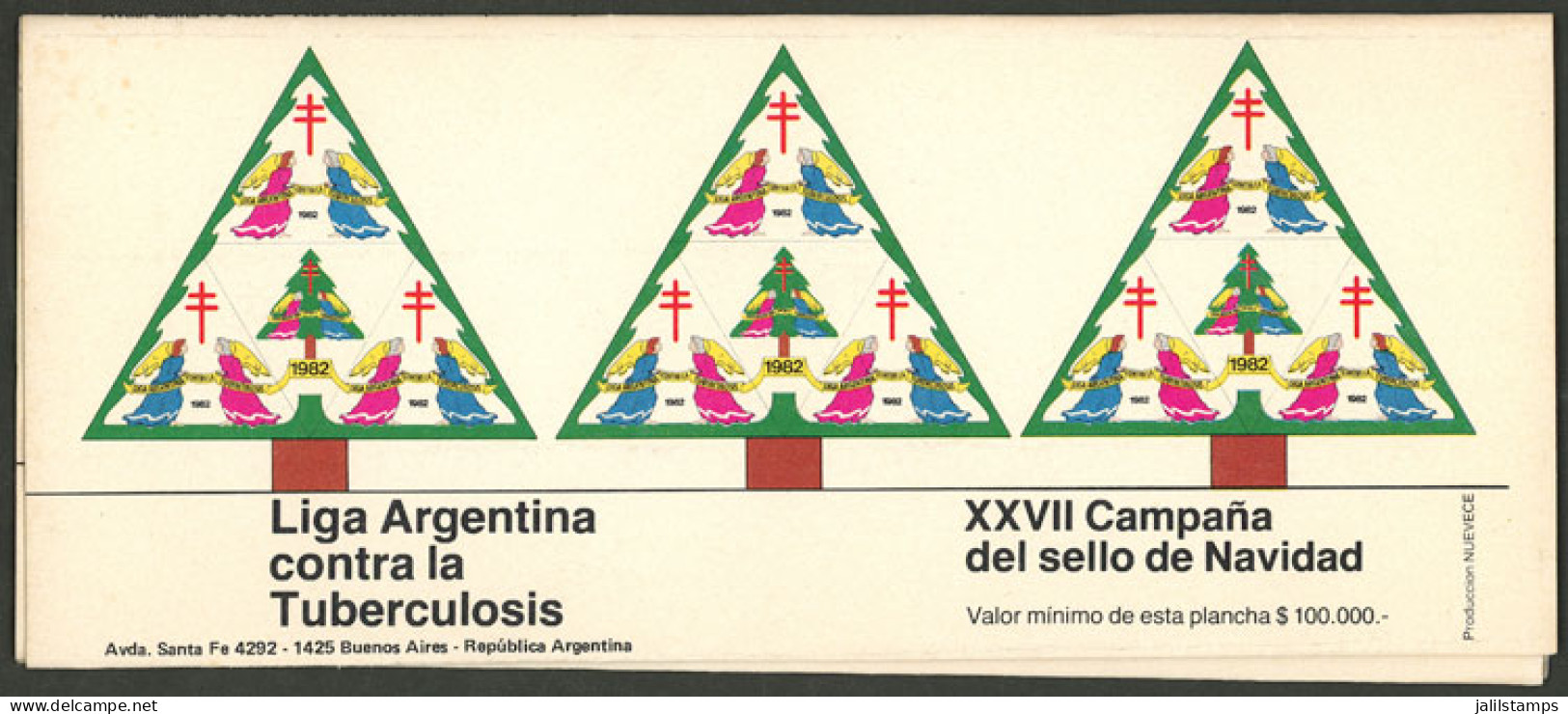 ARGENTINA: PERFORATION PROOF: Argentine League Of Fight Against Tuberculosis: Year 1982 (Christmas Tree, Angels), Large  - Cinderellas