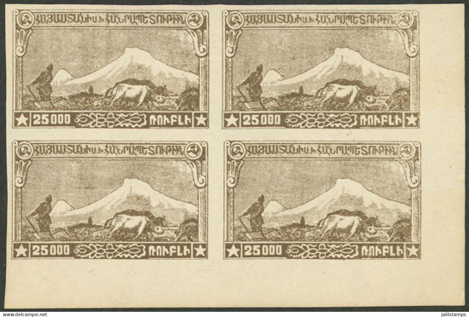 ARMENIA: Yvert 118, 1921 25,000r. Mount Ararat, IMPERFORATE Block Of 4, MNH, Excellent Quality! - Armenien