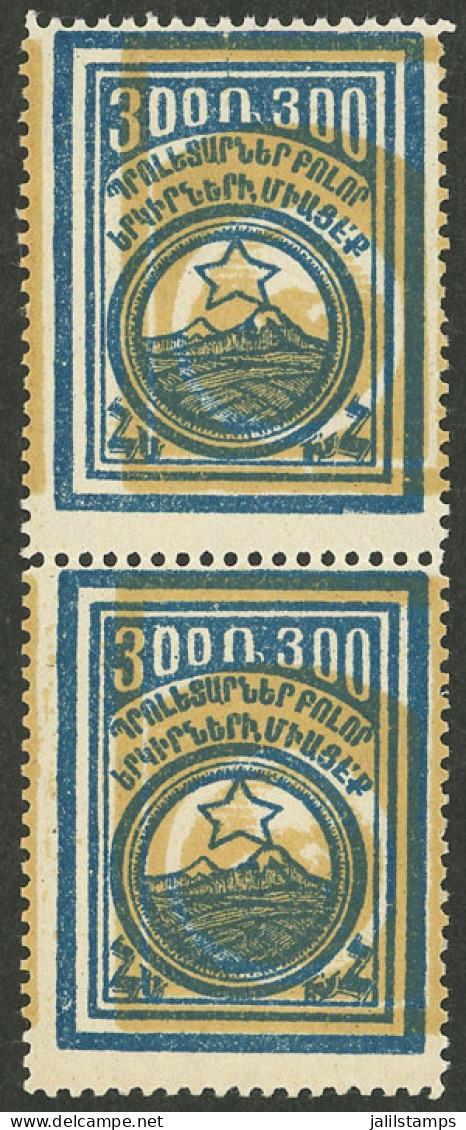 ARMENIA: Sc.301, 1921 300r. Mount Ararat, Vertical Pair With YELLOW VERY SHIFTED, MNH, Excellent Quality! - Arménie