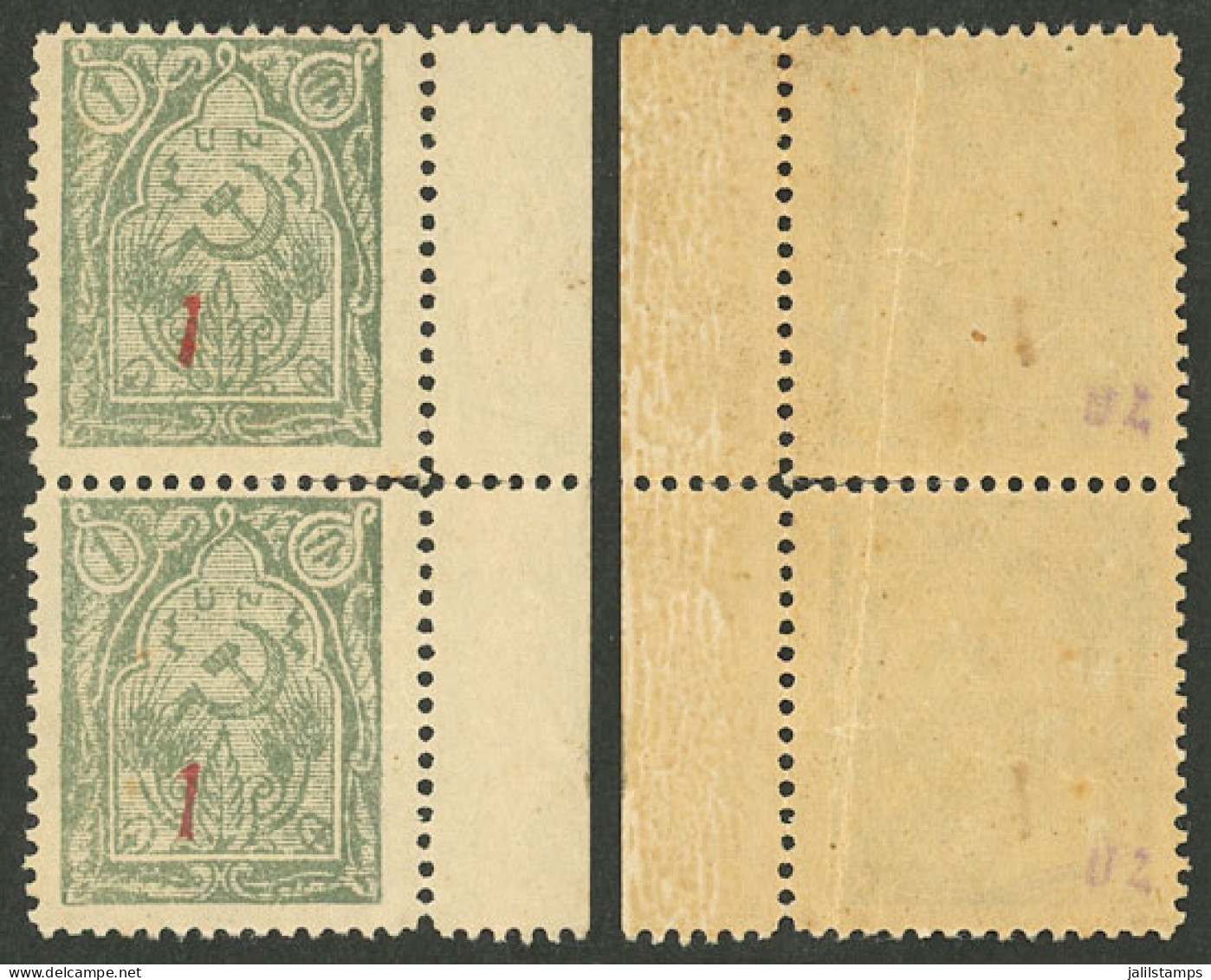 ARMENIA: Sc.360, 1922 1k. On 1r. Perforated, Pair, Mint Original Gum, Red Overprint (type III), Very Light Vertical Crea - Armenien