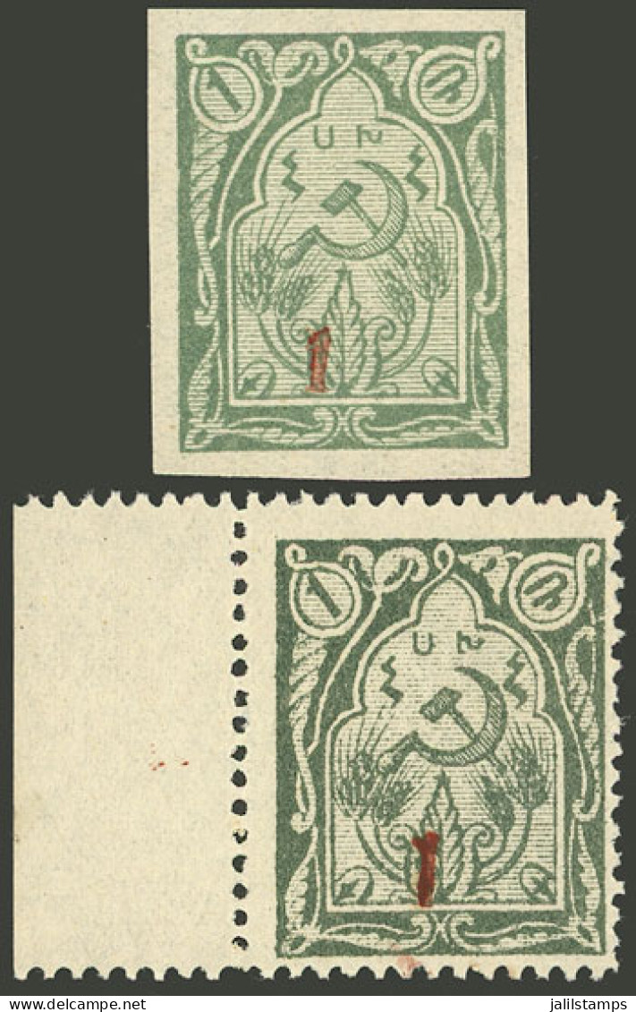 ARMENIA: Sc.361, 1922 1 On 1r. Perforated, INVERTED Red Overprint, With Sheet Margin + Sc.361a, Imperforate, With Normal - Armenia