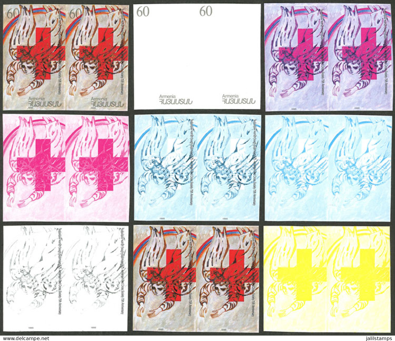 ARMENIA: Sc.528, 1996 Red Cross, IMPERFORATE Pair + 8 Different Imperf Pairs (progressive Color Proofs), Excellent Quali - Armenië