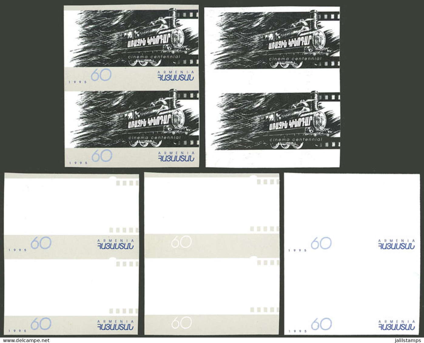ARMENIA: Sc.529, 1996 Centenary Of Movies (train), IMPERFORATE Pair + 4 Different Imperf Pairs (progressive Color Proofs - Arménie