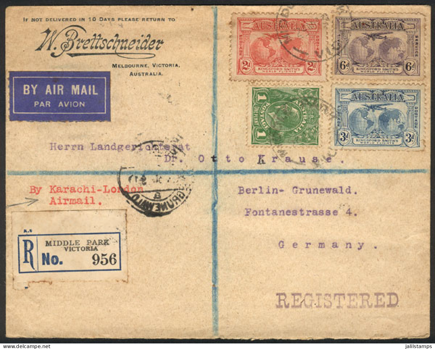 AUSTRALIA: 24/MAR/1931: Registered Airmail Cover Sent From Melbourne To Berlin "via KARACHI-LONDON", With Several Postal - Autres & Non Classés