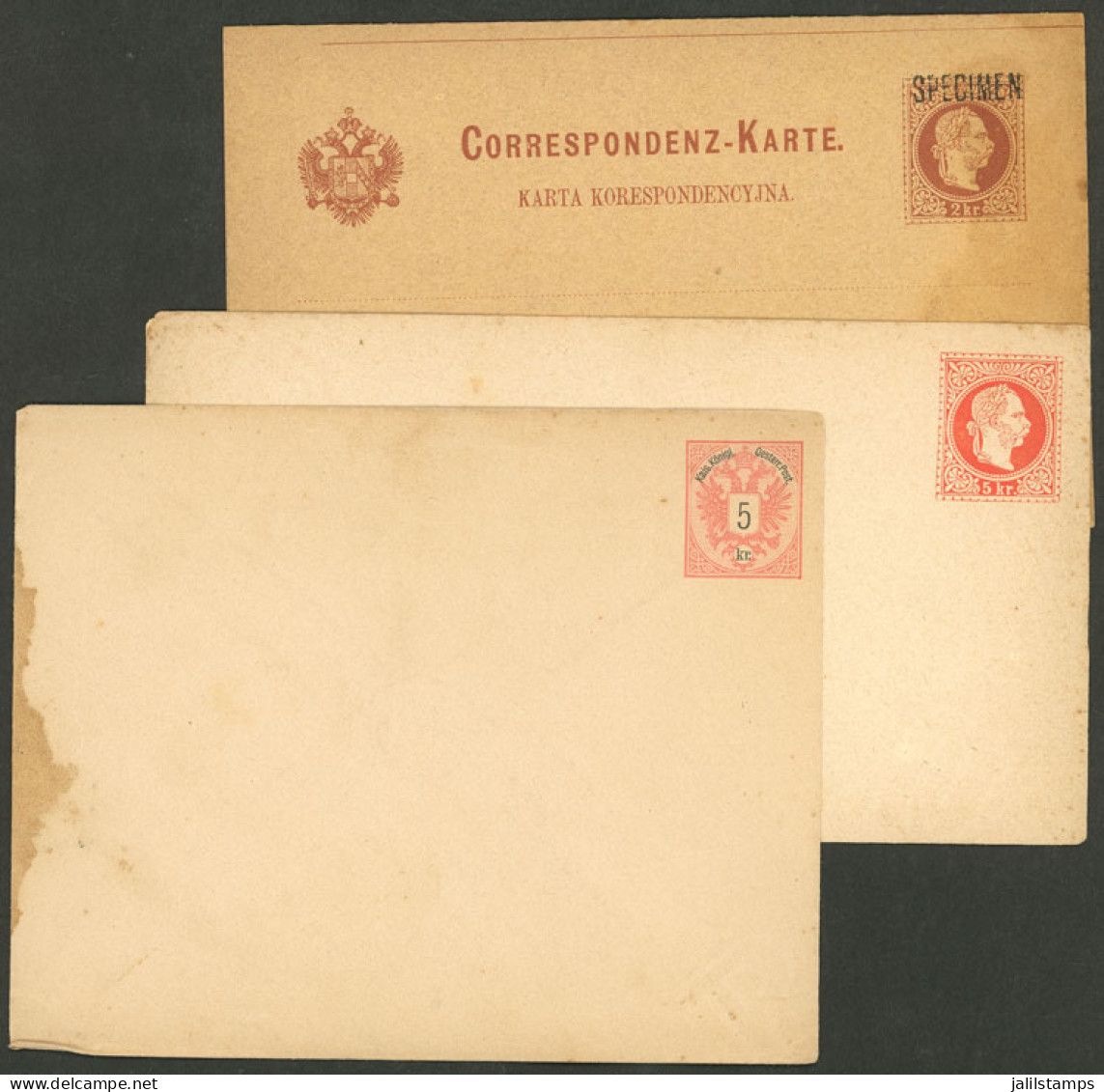 AUSTRIA: 3 Old Postal Stationeries: 2 Covers + 2Kr. Postal Card With Paid Reply, The Latter With SPECIMEN Overprint, Wit - Sonstige & Ohne Zuordnung