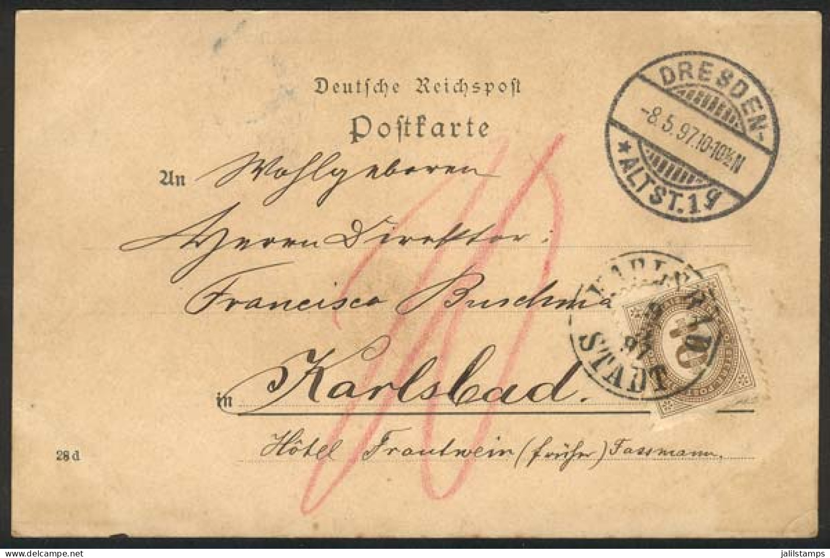 AUSTRIA: Postcard Sent From Dresden (Germany) To Karlsbad On 8/MAY/1897, STAMPLESS, With Postage Due Stamp Of 10Kr. Appl - Other & Unclassified