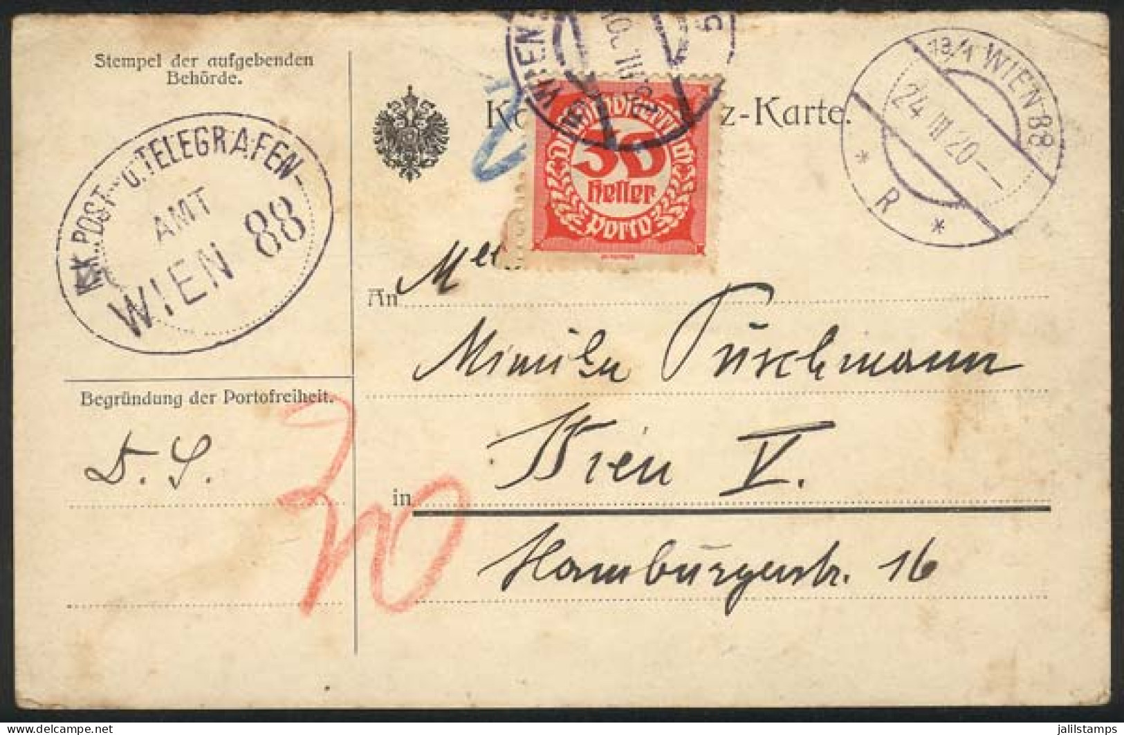 AUSTRIA: Card Used In Wien On 24/MAR/1920, With Postage Due Stamp Of 30h., VF Quality! - Sonstige & Ohne Zuordnung