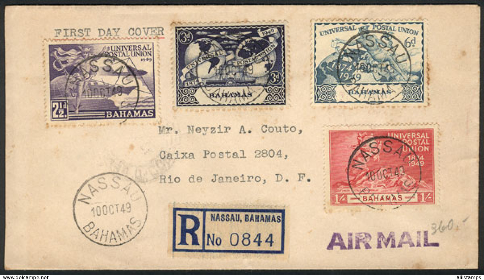 BAHAMAS: Registered Cover Sent From Nassau To Rio De Janeiro On 10/OC/1949, Franked With The Set Of UPU 75 Years, Very N - Other & Unclassified