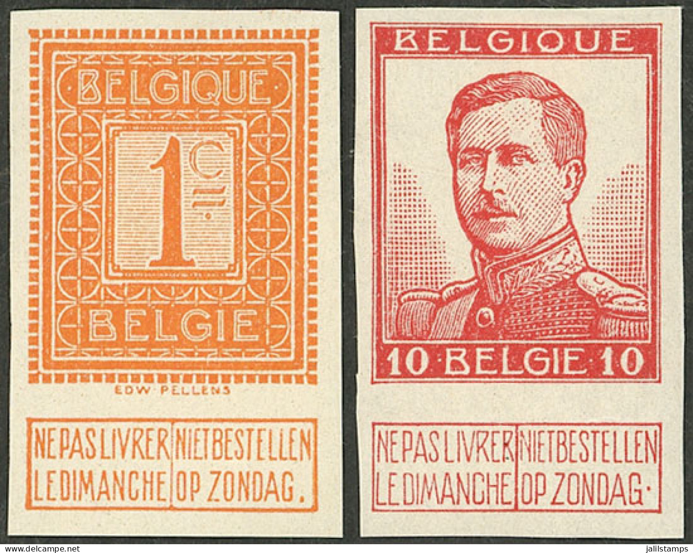 BELGIUM: Sc.92 + 95, Both IMPERFORATE, The First One Without Gum, The 10c. With Original Gum, Interesting! - Autres & Non Classés
