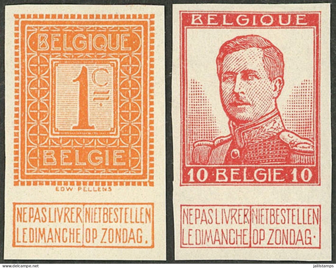 BELGIUM: Sc.92 + 95, Both IMPERFORATE, The First One Without Gum, The 10c. With Original Gum, Interesting! - Other & Unclassified