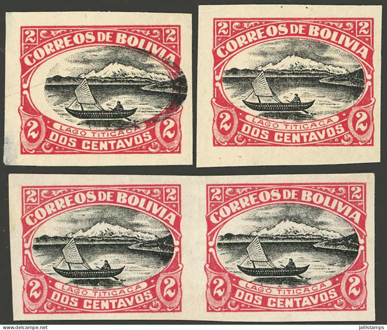 BOLIVIA: Sc.113a, 1916/7 2c. Titicaca Lake (ship, Mountains), Imperforate Pair, Mint Without Gum, Also 2 Other Imperfora - Bolivië