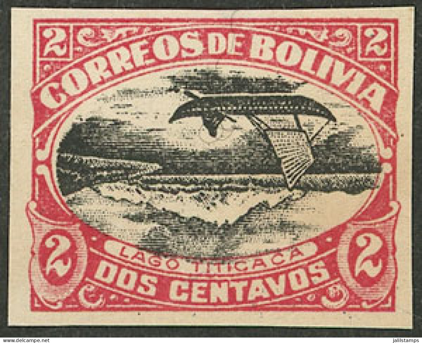 BOLIVIA: Sc.113d, 1916/7 2c. Titicaca Lake (ship, Mountains), Imperforate Stamp With CENTER INVERTED, Mint Without Gum,  - Bolivië